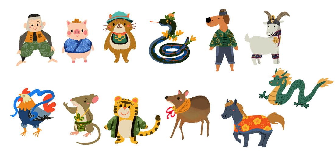 Adorably illustrated by Bonnie Lui, a collection of Malay zodiac animals including a monkey, pig, cat, snake, dog, goat, rooster, mouse, tiger, deer, horse, and dragon, all depicted with vibrant and playful charm.