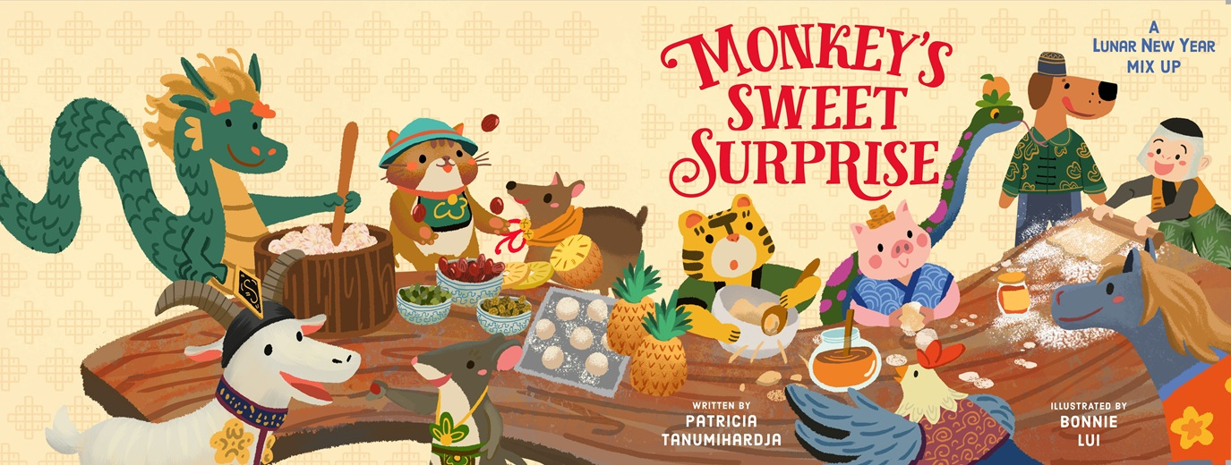 Cover of Monkey’s Sweet Surprise: A Lunar New Year Mix-Up, children’s picture book with Monkey and the 12 zodiac animals cooking festive dishes.