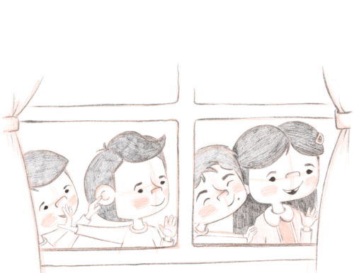 Sketch illustration from Eight Little Hands showing two young girls looking out the window of a moving vehicle, smiling as they begin a new journey.